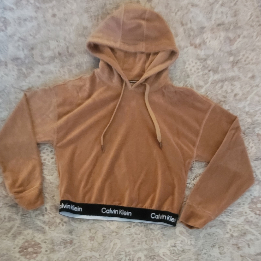 Calvin Klein Cropped Camel Velvet Feel Hoodie with Black Trim.